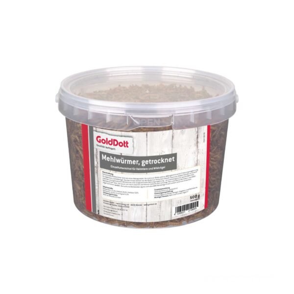 GOLDDOTT 500g džiovintos milčiaus lervos, kirminai - Rančos pašarai – kokybiški pašarai, sveikatos papildai, skanėstai žirgams. Žirgynų įranga. Taip pat rasite maistą bei papildus kitiems gyvūnams: šunims, katėms, avims, ožkoms, alpakoms, kupranugariams, triušiams, graužikams: degu, jūrų kiaulytėms, šinšiloms bei paukščiams. Vokiška kokybė, patrauklios kainos ir patikimas pasirinkimas.