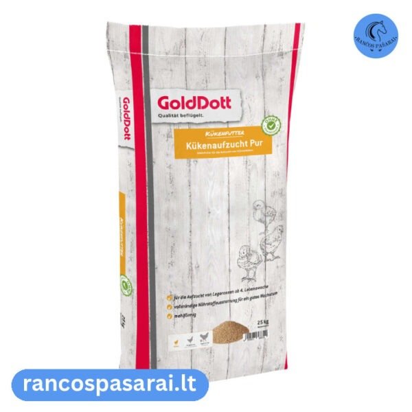 GOLDDOTT KUKENAUFZUCHT PUR 25 KG - visavertis lesalas paukščių jaunimui nuo 4 sav. be GMO su vizualu Golddott kukenaufzucht pur