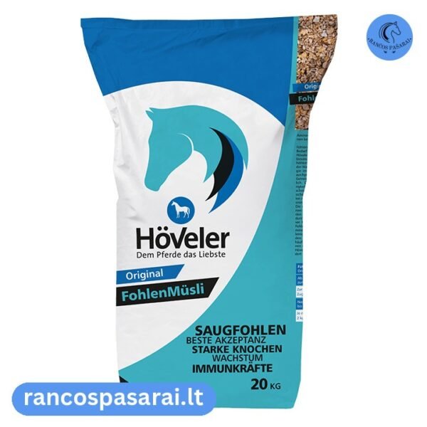 HÖVELER FOHLENMUSLI 20 kg - muslis kumeliukams su vizualu HÖVELER FOHLENMUSLI 20 kg - muslis kumeliukams - Rančos pašarai – kokybiški pašarai, sveikatos papildai, skanėstai žirgams. Žirgynų įranga. Taip pat rasite maistą bei papildus kitiems gyvūnams: šunims, katėms, avims, ožkoms, alpakoms, kupranugariams, triušiams, graužikams: degu, jūrų kiaulytėms, šinšiloms bei paukščiams. Vokiška kokybė, patrauklios kainos ir patikimas pasirinkimas.