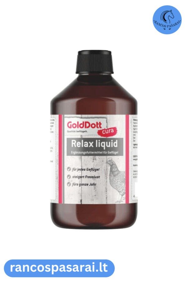 GOLDDOTT CURA RELAX LIQUID 500 ml - skystas papildas paukščiams apetitui didinti, bei imunitetui su vizualu Golddott cura relax liquid