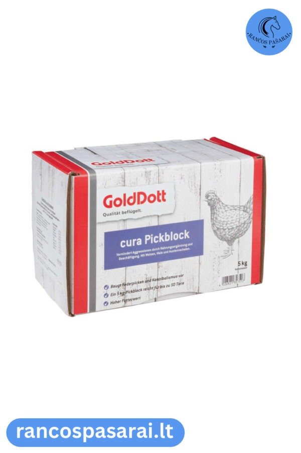 GOLDDOTT CURA PICKBLOCK 5 KG - lesimo, užimtumo papildas paukščiams su vizualu GoldDott cura pickblock