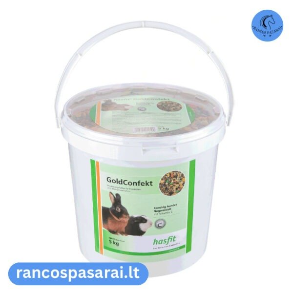 HASFIT GOLD CONFEKT 5kg, 25kg - visavertis pašaras triušiams ir jūrų kiaulytėms su C vitaminu su vizualu Hasfit gold Confekt